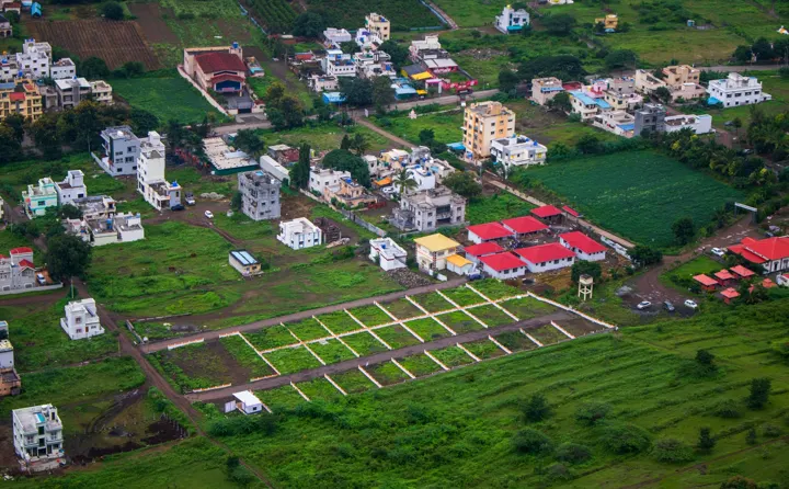 Aerial view of a plotted township
